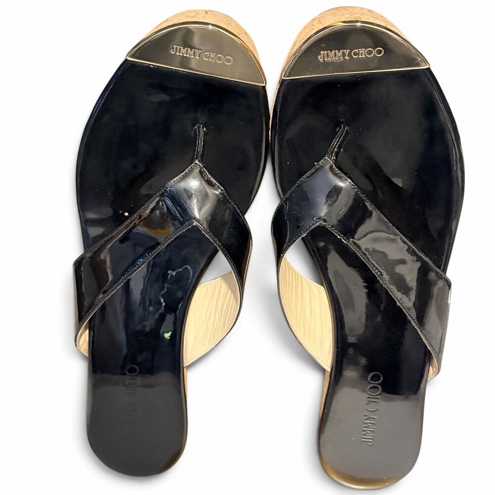 Jimmy Choo Pathos Black Patent Leather Cork Wedge Thong Sandals Size 37.5 w/COA